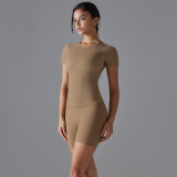 New Spring Double-Sided Nylon Quick-Dry Yoga Outfit Short-Sleeve Fitness Set Outdoor Running Sports Two-Piece Set for Women