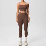 New cross-border double-sided brushed solid color backless tight-fitting breathable yoga outfit set for sports, running, and fitness two-piece set