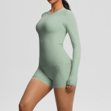 New cross-border European and American solid color double-sided nylon brushed long-sleeve yoga outfit set for sports, running, and fitness two-piece set