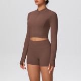 In-stock cross-border solid color double-sided brushed naked-feel short jacket set, tight-fitting running fitness yoga two-piece outfit