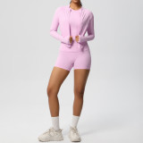 New cross-border breathable tight-fitting brushed long-sleeve jacket fitness yoga outfit solid color three-piece gym sportswear for women
