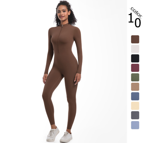 New cross-border European and American style half-zip tight-fitting solid color high-elastic long yoga jumpsuit for fitness and running