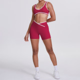 New cross-border double-sided brushed contrasting color tight-fitting breathable cross-over yoga outfit set for sports, running, and fitness two-piece set