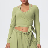 New cross-border solid color brushed quick-dry tight-fitting cross-strap V-neck long-sleeve sports running fitness yoga top for women