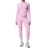 Cross-border seamless solid color tight-fitting high-elastic breathable zippered nine-point sports suit for running, fitness, and yoga two-piece set