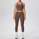 New cross-border double-sided brushed solid color breathable long yoga vest set, two-piece sports running fitness outfit