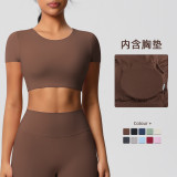 In-stock cross-border double-sided brushed fabric tight-fitting short-sleeve yoga top with chest pads for women, suitable for Pilates and running