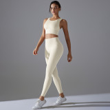 New solid color no-underwear required fixed-cup beautiful back sports yoga set, tight-fitting high-elastic fitness antibacterial yoga wear