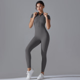 New solid color zippered tight-fitting high-elastic short-sleeved jumpsuit for sports, fitness, running, and yoga