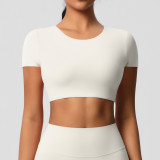 In-stock cross-border double-sided brushed fabric tight-fitting short-sleeve yoga top with chest pads for women, suitable for Pilates and running