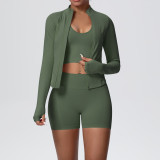 Cross-border seamless solid color high-elastic tight-fitting breathable short jacket yoga outfit sports running fitness three-piece set