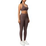 Cross-border seamless solid color halter neck sports bra yoga outfit set, tight-fitting running and fitness two-piece set