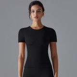 New solid color double-sided brushed high-elastic tight-fitting breathable yoga shirt with short sleeves for sports, running, and fitness