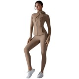 New style no-underwear required double-sided nylon yoga outfit set, solid color zippered hooded sports jacket, running and fitness set