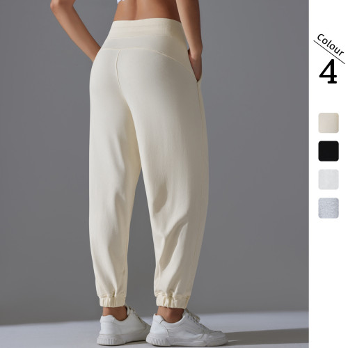 New drawstring solid color high-elasticity sports sweatpants, breathable loose yoga pants for training, running, and fitness, women's 7/8 length pants