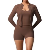 New cross-border seamless vest, outdoor casual tight-fitting fitness wear, pocket shorts, yoga wear, sports three-piece set