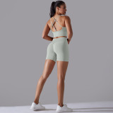 Cross-border European and American seamless knitted solid color high-elastic tight-fitting yoga outfit set, two-piece running and fitness wear for women