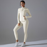 New style no-underwear required double-sided nylon yoga outfit set, solid color zippered hooded sports jacket, running and fitness set