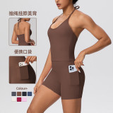 Cross-border solid color brushed fabric backless tight-fitting halter neck pocket yoga outfit set with sports running shorts two-piece set