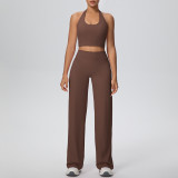 New cross-border solid color double-sided brushed fabric halter neck wide-leg pants yoga outfit set for women, suitable for sports, running, and fitness