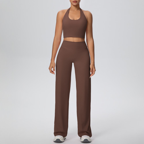 New cross-border solid color double-sided brushed fabric halter neck wide-leg pants yoga outfit set for women, suitable for sports, running, and fitness