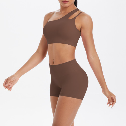 New cross-border European and American double-sided nylon brushed one-shoulder yoga outfit set for women, suitable for sports, running, and fitness