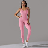 Cross-border seamless knitted ribbed solid color tight-fitting flat-neck jumpsuit for sports, running, fitness, and yoga