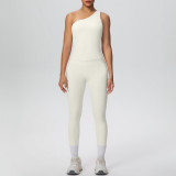 New cross-border double-sided brushed fabric seamless tight-fitting one-shoulder tank top sports set for running, fitness, and yoga, two-piece set