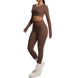 In-stock cross-border solid color double-sided brushed breathable high-elasticity tight-fitting yoga outfit set for sports, running, and fitness two-piece set