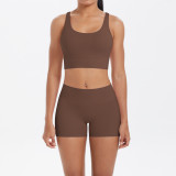 European and American cross-border seamless brushed fabric cross-back sports bra and casual butt-lifting shorts two-piece fitness yoga set