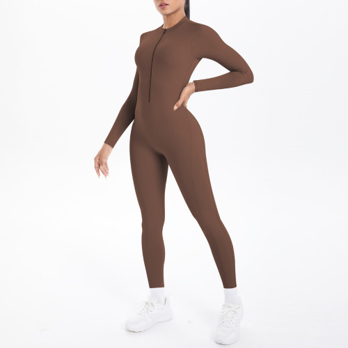 New cross-border double-sided nylon solid color backless hollow long-sleeve jumpsuit for sports, running, fitness, and yoga