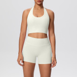 New cross-border solid color double-sided brushed tight-fitting halter neck shorts yoga outfit set for sports, running, and fitness two-piece set