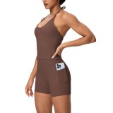 Cross-border solid color brushed fabric backless tight-fitting halter neck pocket yoga outfit set with sports running shorts two-piece set