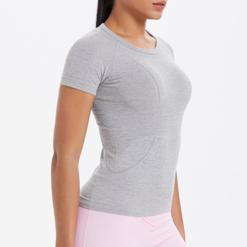 Cross-border European and American seamless knitted solid color breathable tight-fitting short-sleeve T-shirt for sports, running, fitness, and yoga for women
