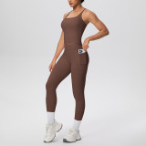 New cross-border brushed fabric tight-fitting racerback pocket yoga outfit set for sports, running, and fitness two-piece set