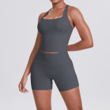 Cross-border brushed solid color tight-fitting racerback pocket shorts sports suit for running, fitness, and yoga two-piece set