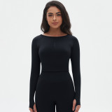 Cross-border European and American seamless knitted solid color tight-fitting high-elastic yoga top with long sleeves for women, suitable for sports, running, and fitness