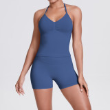 Cross-border seamless knitted solid color backless tank top and shorts yoga outfit set, tight-fitting running and fitness two-piece set