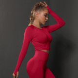 Cross-border European and American seamless tight-fitting solid color ruched sports long-sleeve top, high-elastic breathable running fitness yoga wear for women