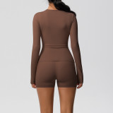 New cross-border European and American solid color double-sided nylon brushed long-sleeve yoga outfit set for sports, running, and fitness two-piece set