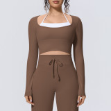 New cross-border seamless two-piece solid color long-sleeve T-shirt top, tight-fitting sports running fitness yoga wear