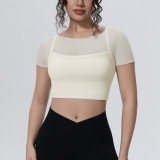 New cross-border solid color mesh double-layer breathable faux two-piece short-sleeve top for casual sports, running, fitness, and yoga