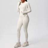 New cross-border cloud-feel brushed long-sleeve sports zip-up jacket, casual running, butt-lifting fitness yoga three-piece set