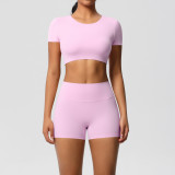 In-stock cross-border solid color double-sided brushed yoga outfit with chest support, running sports fitness short two-piece set for women