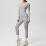 In-stock cross-border double-sided brushed solid color tight-fitting long-sleeve yoga outfit set for sports, running, and fitness two-piece set