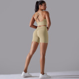 Cross-border European and American seamless knitted solid color high-elastic tight-fitting yoga outfit set, two-piece running and fitness wear for women