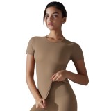 New solid color double-sided brushed high-elastic tight-fitting breathable yoga shirt with short sleeves for sports, running, and fitness