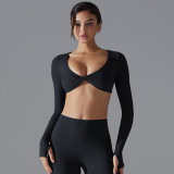 New sports long-sleeve fitness top for women, deep V-neck, slim fit, breathable, ins-style, cropped outdoor yoga top