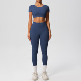 New cross-border European and American solid color double-sided brushed breathable tight-fitting yoga outfit set for sports, running, and fitness, eight-piece set