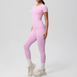 In-stock cross-border solid color double-sided brushed breathable high-elasticity tight-fitting yoga outfit set for sports, running, and fitness two-piece set